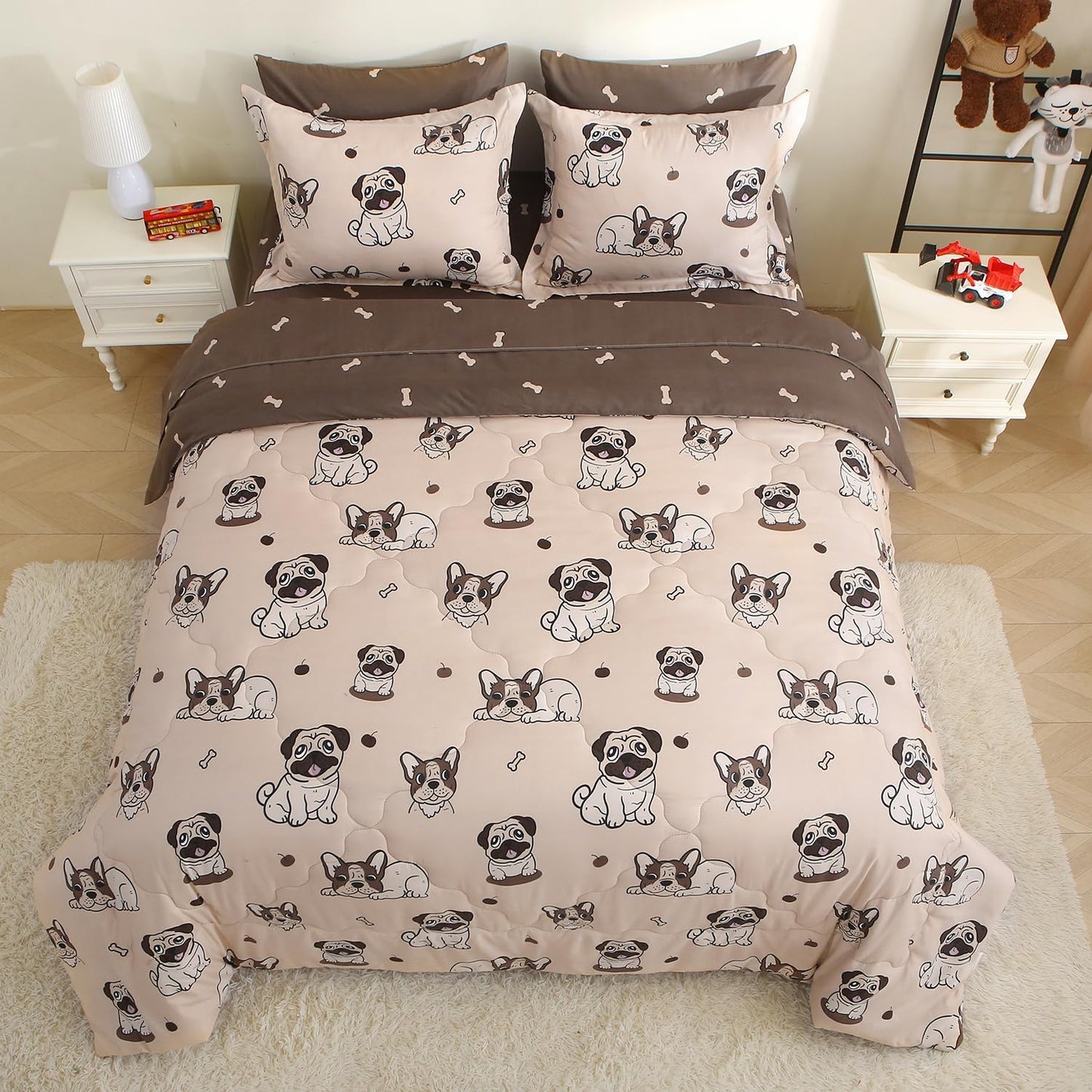 Kids Comforter Set 7 Piece Bedding Cute Dog Cartoon Animal Bed Microfiber Comforter Queen Size All Season (1 Comforter, 1 Flat Sheet, 1 Fitted Sheet, 4 Pillowcase)