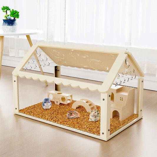 Hamster cage Wooden with Acrylic, Dwarf Hamster cage, Small Animal Habitat with Openable Top, Mouse cage for Guinea Pigs, Chinchillas, Gerbil, Syrian Hamster (24inch)