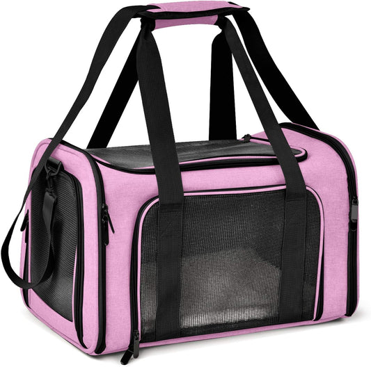 Pet Carrier for Small Medium Cats Dogs Puppies up to 15 Lbs, TSA Airline Approved, Soft Sided, Collapsible Travel - Pink