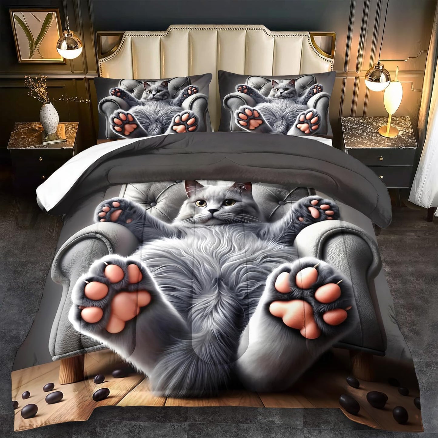 Cute Cat Comforter Set Twin,Grey Kawaii Cat Bedding Set Adult,Cute Animal Comforter for Boy,American Shorthair Bedding Grey,Kawaii Animal Print Quilt Bedroom Decor Kids