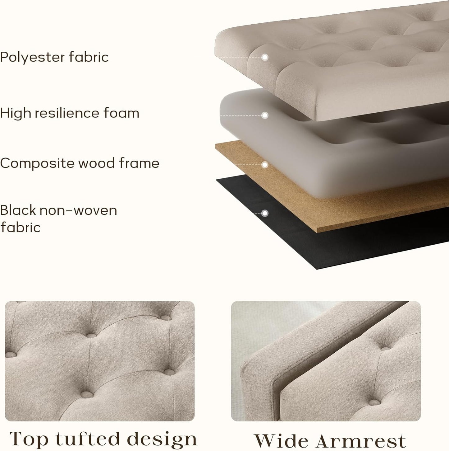 Ottoman with Storage, 48.8" Fabric Storage Ottoman Bench with Hinge, Bedroom Bench, Upholstered Benches with Seating for Living Room, Entryway (Khaki)