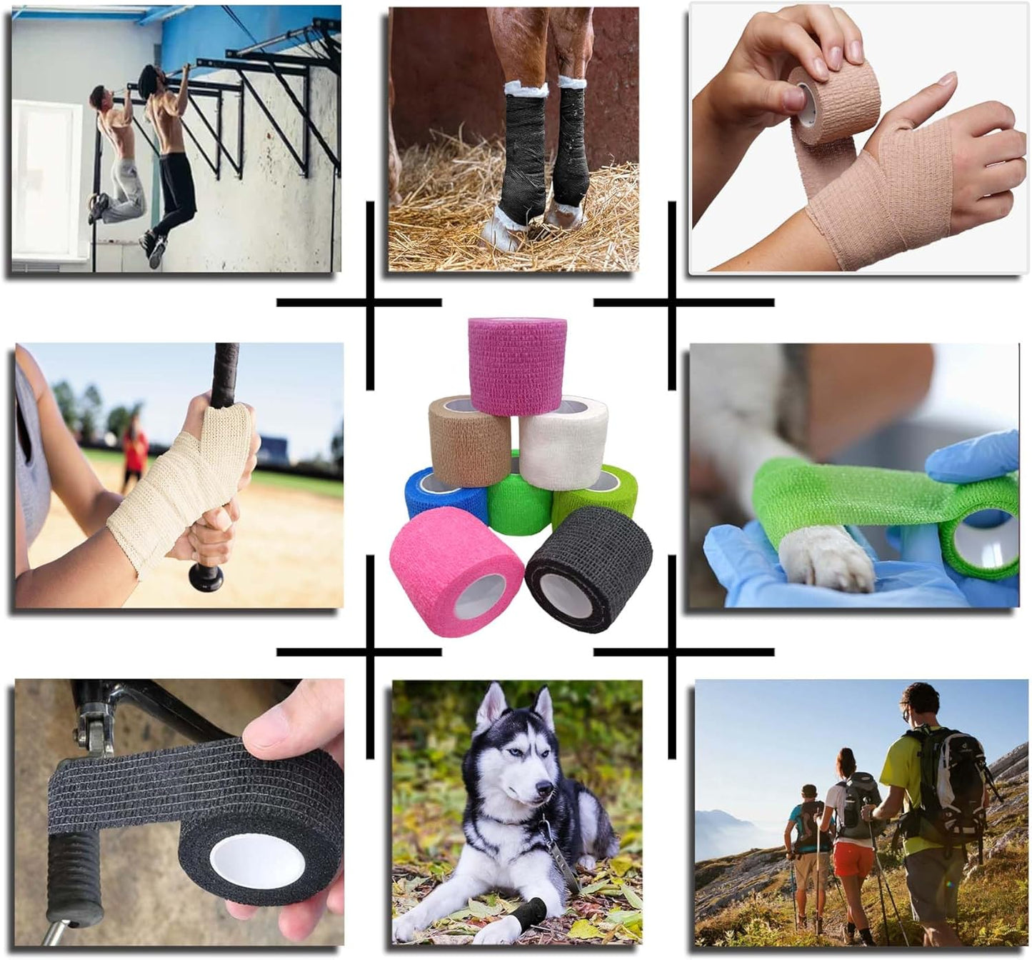 Self Adhesive Tape Wrap 8 Rolls,Non-Woven Self Adherent Vet Wrap Tape,(2 in+1 in) x 5 Yard | Cohesive Bandage Tape for Wrist & Ankle,Elastic Grip Cover (6Color-Mixed)