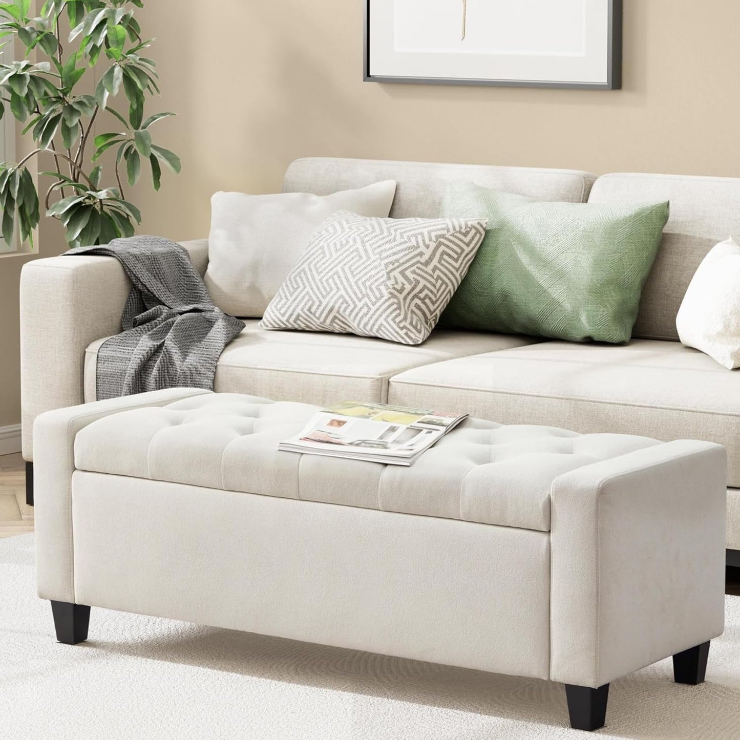 Ottoman with Storage, 48.8" Fabric Storage Ottoman Bench with Hinge, Bedroom Bench, Upholstered Benches with Seating for Living Room, Entryway (Beige)