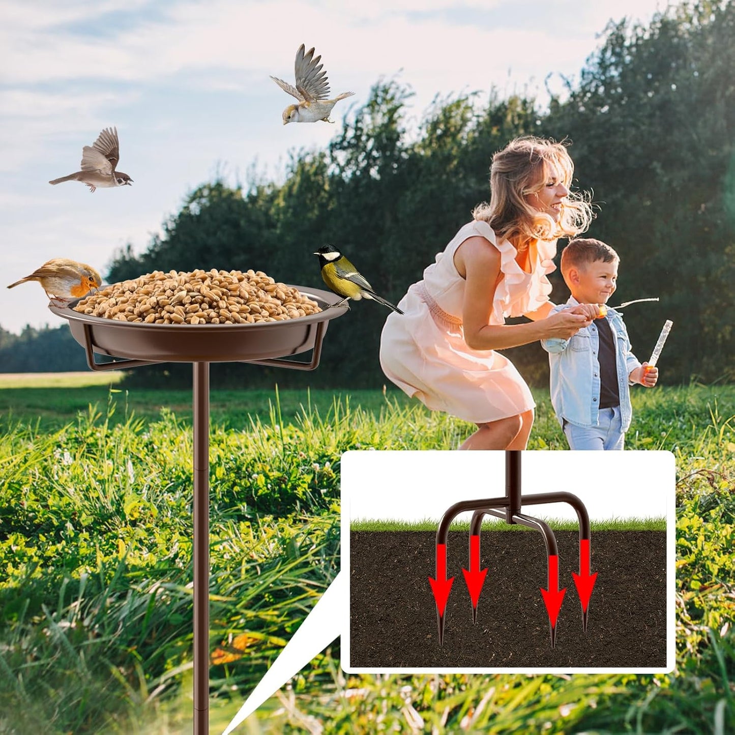 Metal Bird Bath for Outside, 36.2" Height Birdbath Bowl Standing Bird Feeders for Outdoors with 4 Prongs Base Stake, Freestanding Birdfeeders for Garden Yard Lawn Decor (Brown)