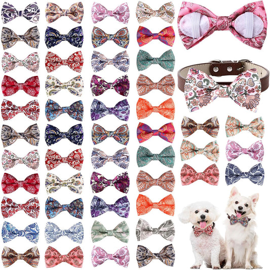 Reginary 50 Pieces Dog Bow Ties Pet Collar Bow Puppy Collar Attachment with Rubber Bands for Small Medium Cat Pet Grooming Charms Accessories Wedding Birthday Occasion (Paisley Style)