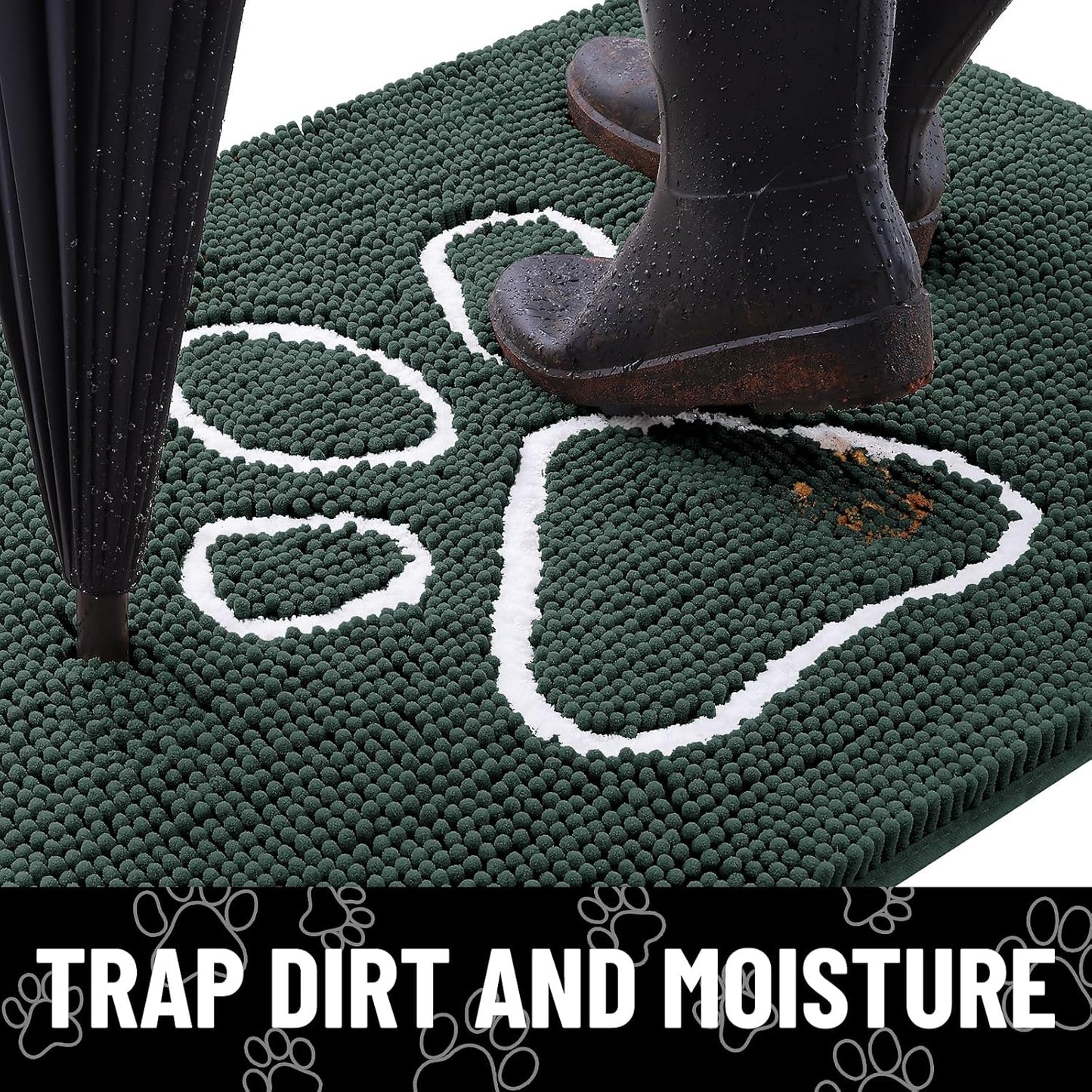 Smiry Dog Door Mat for Muddy Paws, Absorbent Dirt Trapper Non Slip Quick Dry Washable Chenille Mat for Mud Dogs, Entry Rug for Indoor and Outdoor (48x30 Inches, Green)