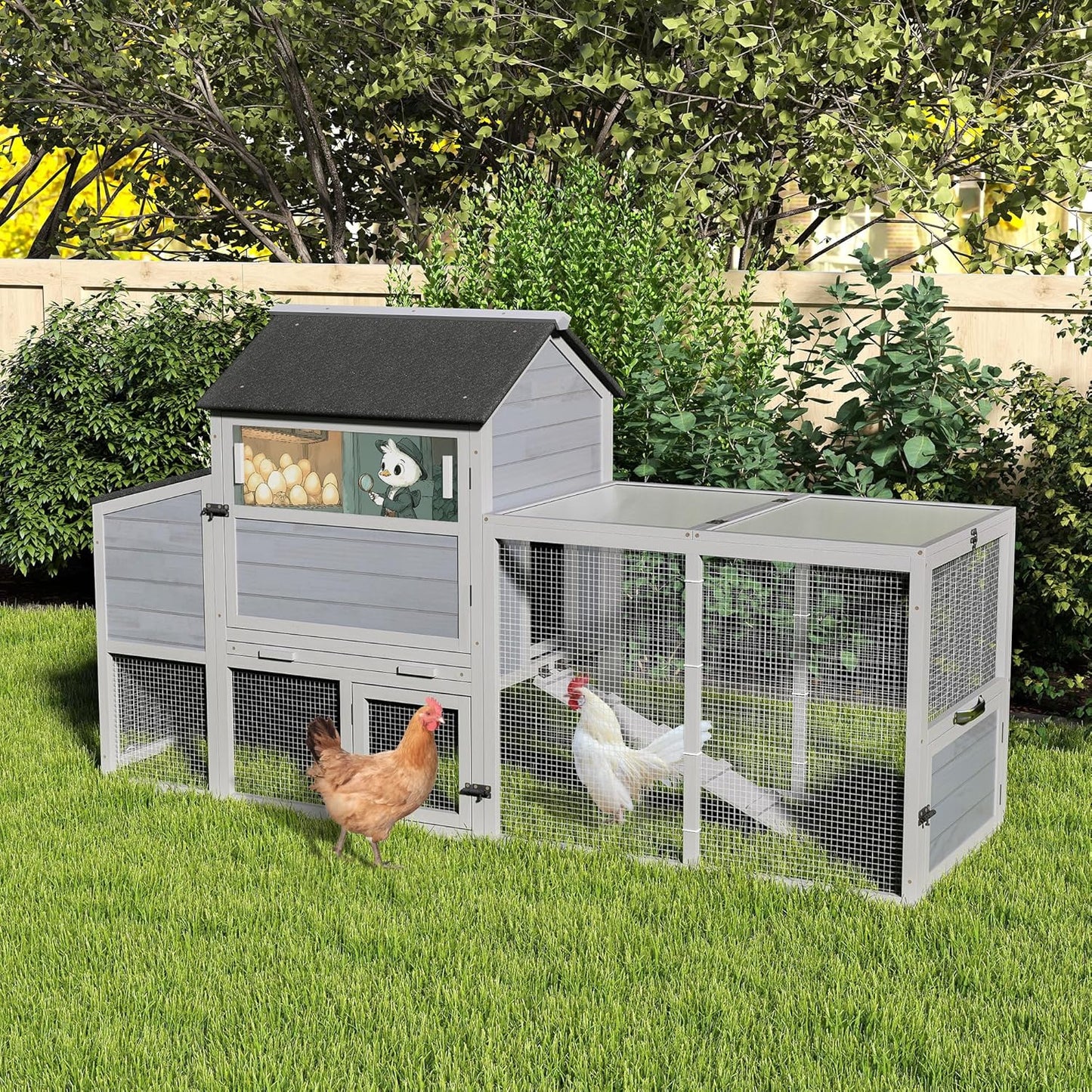 COZIWOW 82" Large Wooden Chicken Coop, Outdoor Rabbit Hutch with Wheels, Sunshine Board, Asphalt Roof, Ramp, Openable Top, Door, Window, Pull-Out Tray, Indoor Bunny Cage (Gray with Pattern)